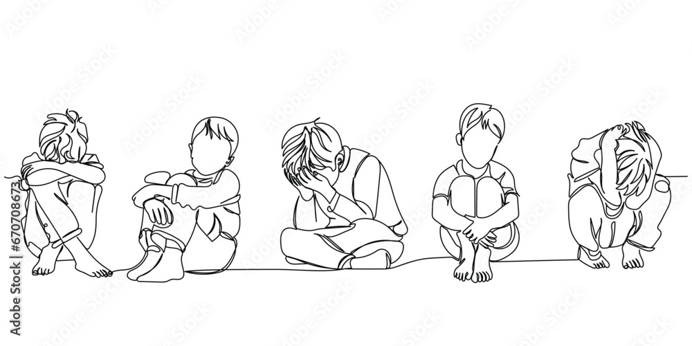  line art of a sad and depressed child. Children mental health awareness. Fight against violence and abuse. Depression and frustration in young people. Psychology concept. Peer pressure.
