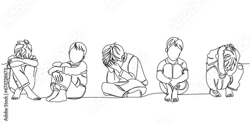  line art of a sad and depressed child. Children mental health awareness. Fight against violence and abuse. Depression and frustration in young people. Psychology concept. Peer pressure.