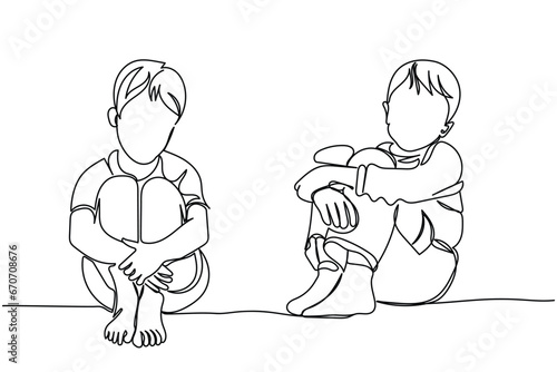  line art of a sad and depressed child. Children mental health awareness. Fight against violence and abuse. Depression and frustration in young people. Psychology concept. Peer pressure.