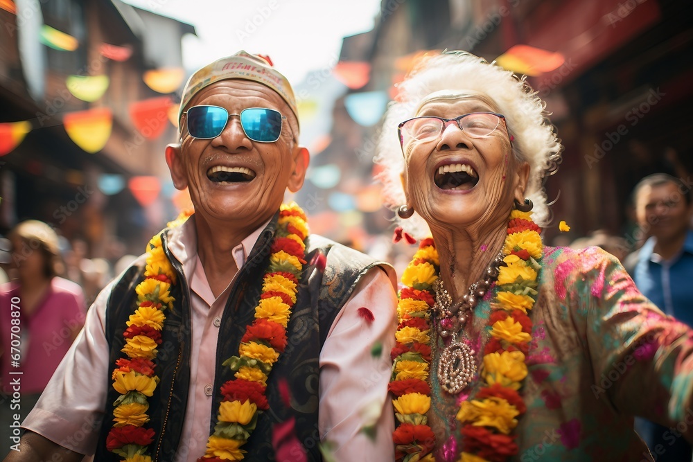 A lovely portrait of a jubilant senior couple during a festival wearing Indian haar , Generative Ai