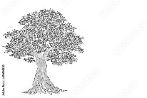 Hand drawn pencil sketch of tree. Oak tree with leaves isolated vintage illustration. Retro style nature illustration with details. Olive tree trunk. Ink sketch drawing. Dry Crooked Tree. Freehand.