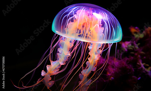 Iridescent glowing translucent jellyfish on black background © JulMay