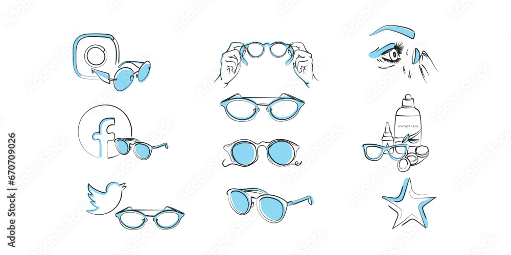 line icon set of different style glasses like square, round and pilot design from a different perspective with front, side and top view in a outline black stroke eps vector symbol graphic, Optical line icon set of different style glasses like square, round and pilot design from a different perspective with front, side and top view in a outline black stroke eps vector symbol graphic, Optical