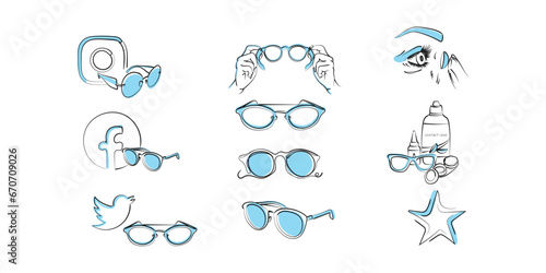 line icon set of different style glasses like square, round and pilot design from a different perspective with front, side and top view in a outline black stroke eps vector symbol graphic, Optical