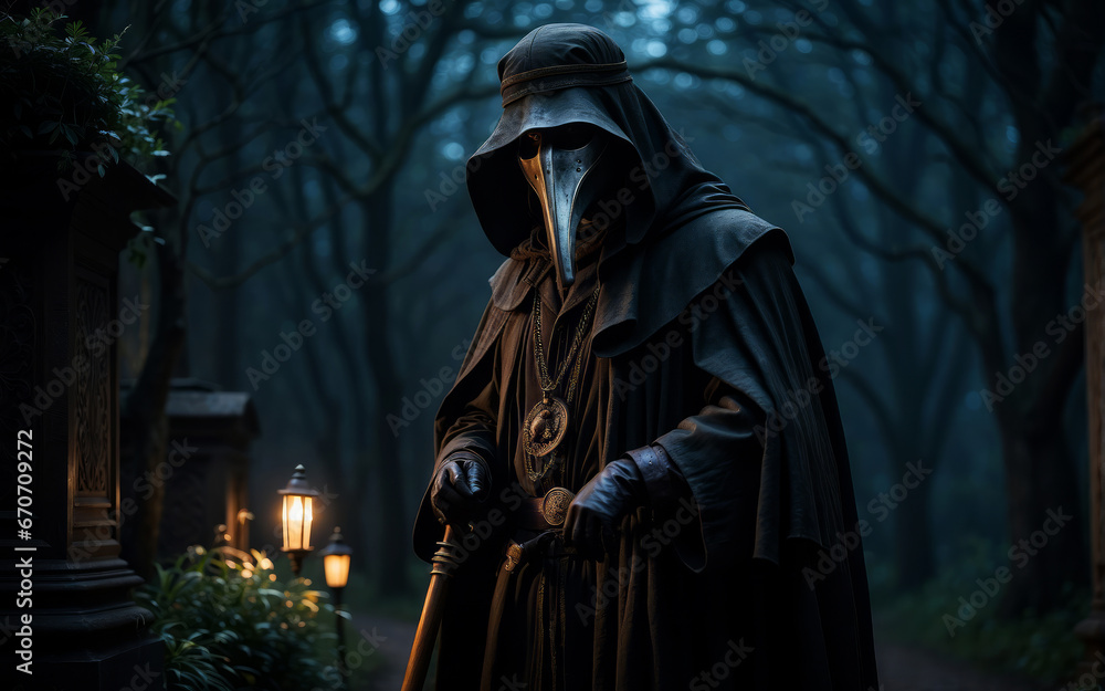 A medieval plague doctor in a cemetery.