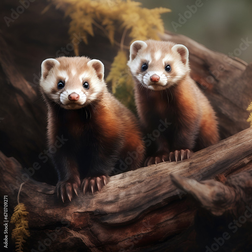 close up of two wood ferrets 