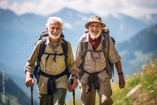 A duo of senior hikers, embarking on an outdoor adventure, Generative Ai