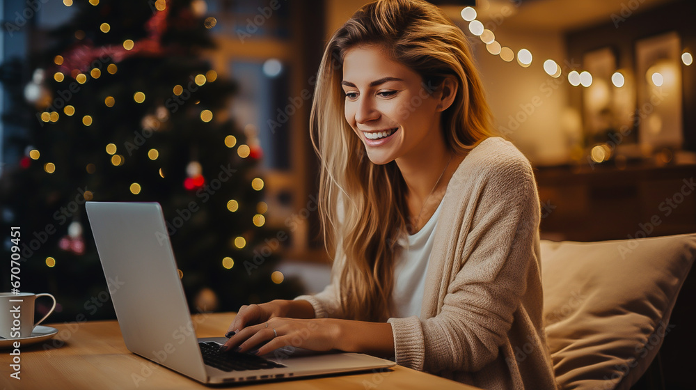 beautiful woman smiles, looks at her laptop, sits at home making online purchases gifts for the New Year beautiful woman smiles, looks at her laptop, sits at home making online purchases gifts for the New Year