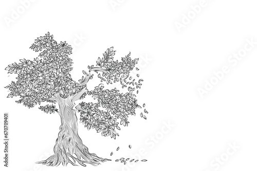 Hand drawn pencil sketch of tree. Oak tree with leaves isolated vintage illustration. Retro style nature illustration with details. Olive tree trunk. Ink sketch drawing. Dry Crooked Tree. Freehand.