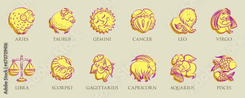 Zodiac astrology horoscope signs. Design vector illustrations set.  Esoteric vector illustration.