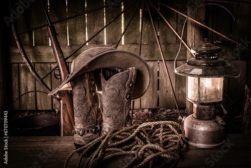 Old Western Cowboy Boots and Lantern photo