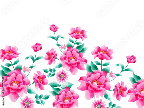 Watercolor flowers, tropical pink elements, white background