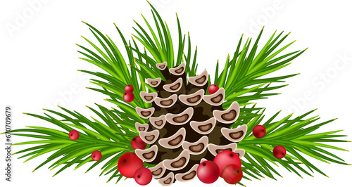 Pine wreath  garland with winter decor. Cones and berries on green branches. Christmas  transparent  png.