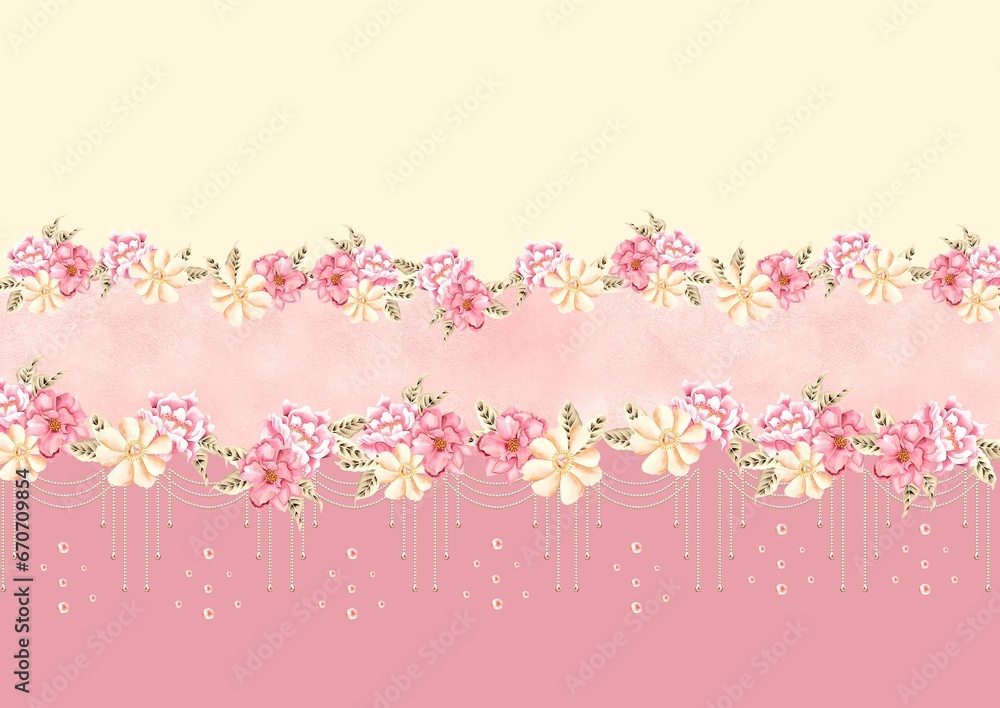 Watercolor Romantic flowers, pink and yellow background, pink flowers, pearls