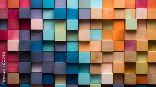 Colorful wooden blocks aligned. Wide format. Generative AI