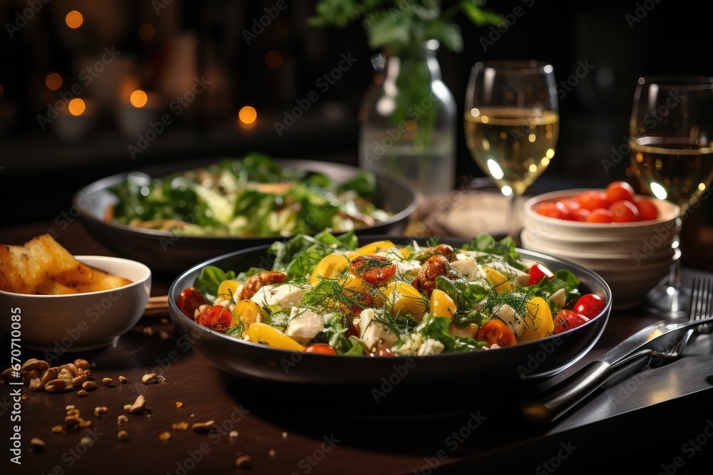 Beautifully decorated serving of a dish in a restaurant or on a home festive table. Greek vegetable salad