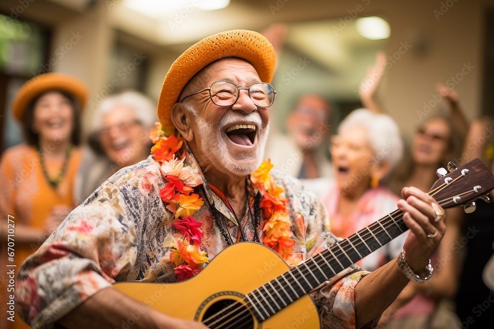 An engaging portrait photograph featuring a gratified elderly man, his guitar playing skillfully executed in the midst of a lively crowd, Generative Ai