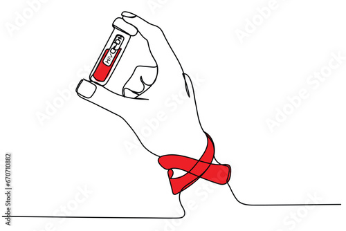 HIV AIDS medical test. Blood Syringe, research, analysis, medicine. Sample blood with HIV test label on HIV infection. Aids Awareness Red Ribbon. World AIDS Day Concept. Blood Vial. Banner design art.