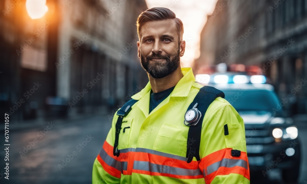 Portrait of male EMS paramedic proudly standing in front of camera in high visibility medical uniform/ Successful Emergency medical technician or doctor at work Portrait of male EMS paramedic proudly standing in front of camera in high visibility medical uniform/ Successful Emergency medical technician or doctor at work