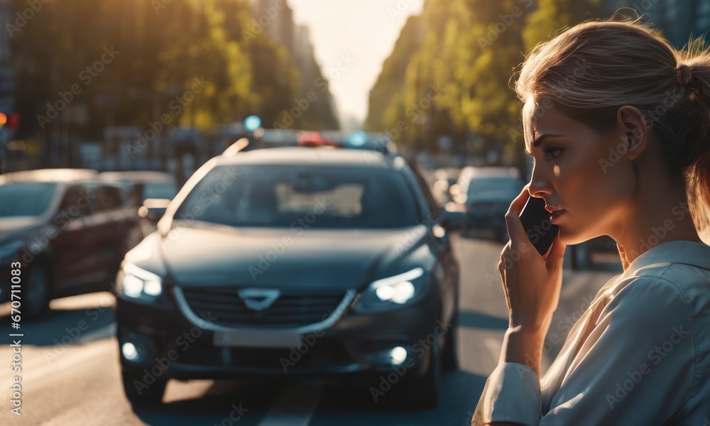 Scared woman in stress portrait near auto crash calling to auto insurance for help. Driver woman crying in front of wrecked car in car accident. Dangerous road traffic situation Scared woman in stress portrait near auto crash calling to auto insurance for help. Driver woman crying in front of wrecked car in car accident. Dangerous road traffic situation