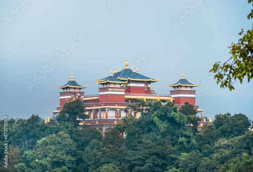 The beautiful Kopan Monastery architecture building is also known for its Khachoe Ghakyil Ling Nunnery. Kathmandu, Nepal. Traveling, tourism, architecture and Buddhism religion concept photo. photo