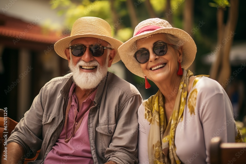 A fashionable and cheerful senior Caucasian duo,and accessorized with sun hats and shades, Generative Ai