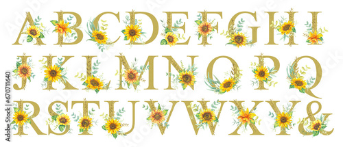 Floral alphabets set - letters. The alphabet letters are a muted gold color, decorated with watercolor flowers of sunflower, eucalyptus and various herbs. Wedding, birthday