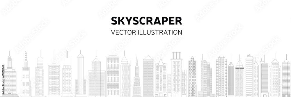 Doodle city long background. Outline skyscrapers background. Hand drawn vector illustration.