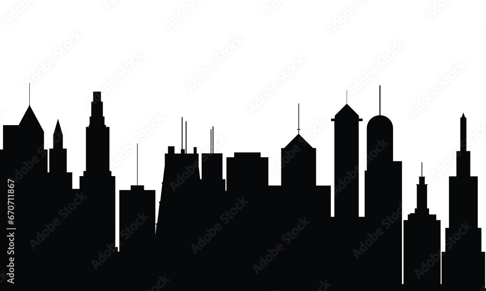 Naklejka premium City silhouette banner. Skyscrapers silhouette banner. Hand drawn vector illustration.