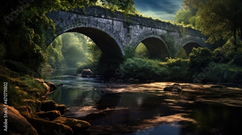  a painting of a bridge over a river in a lush green forest with rocks and a stream running under it. generative ai