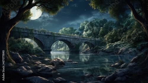  a painting of a night scene with a bridge over a river and a full moon in the sky above it. generative ai