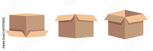 Set of box in flat style. Open cardboard boxes. Hand drawn vector art. 