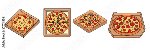 Set of pizza in box colored outline. Hand drawn pizza in doodle style. Hand drawn vector illustration.