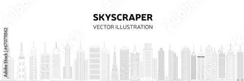 Doodle city long background. Outline skyscrapers background. Hand drawn vector illustration.