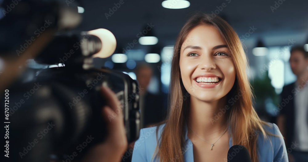 Fototapeta premium Businesswoman's Interview: Behind the Scenes in Office Setting. Generative ai