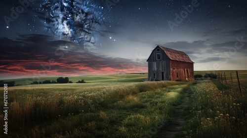  a barn in the middle of a grassy field under a night sky with stars and a shooting star in the sky.  generative ai