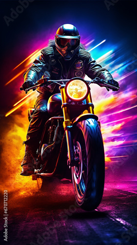 motoqueiro hippie brilhante, fundo de halloween colorido 