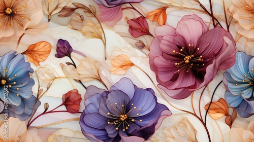  a close up of a bunch of flowers on a sheet of paper with leaves and flowers painted on the side of it.  generative ai