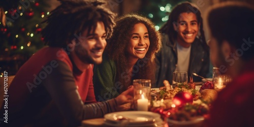 Festive Gathering  Multi-ethnic Friends Celebrate with Christmas Dinner. Generative ai