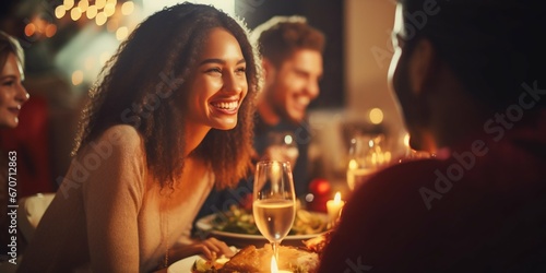 Festive Gathering: Multi-ethnic Friends Celebrate with Christmas Dinner. Generative ai