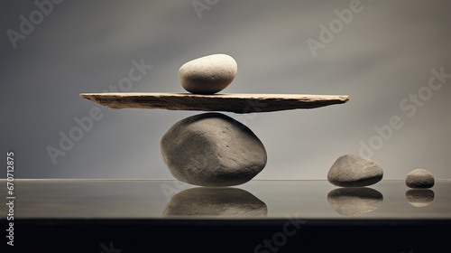  a couple of rocks stacked on top of each other on top of a glass table next to a black and white background. generative ai