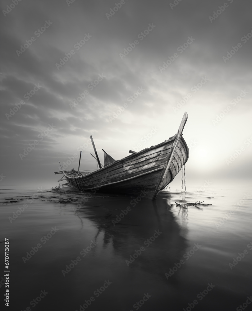 Ecos Marítimos: La Imagen de un Viejo Bote de Pesca de Madera, Abandonado a su Suerte y Sometido a los Elementos Naturales en Aguas Calmadas, se Transforma en una Emocionante Fotografía en Blanco y Ne Ecos Marítimos: La Imagen de un Viejo Bote de Pesca de Madera, Abandonado a su Suerte y Sometido a los Elementos Naturales en Aguas Calmadas, se Transforma en una Emocionante Fotografía en Blanco y Ne