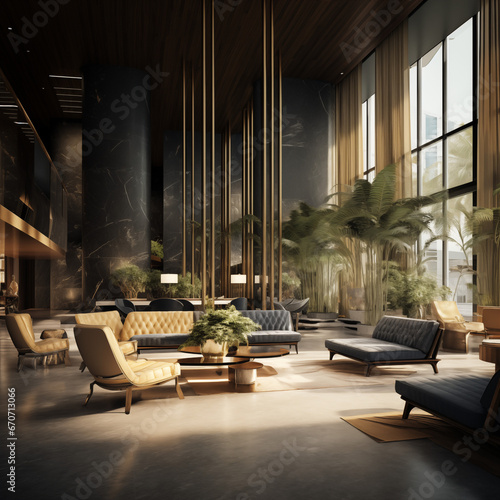 photo shot in Close-up shot, hotel lobby, 3d render. AI generated.
