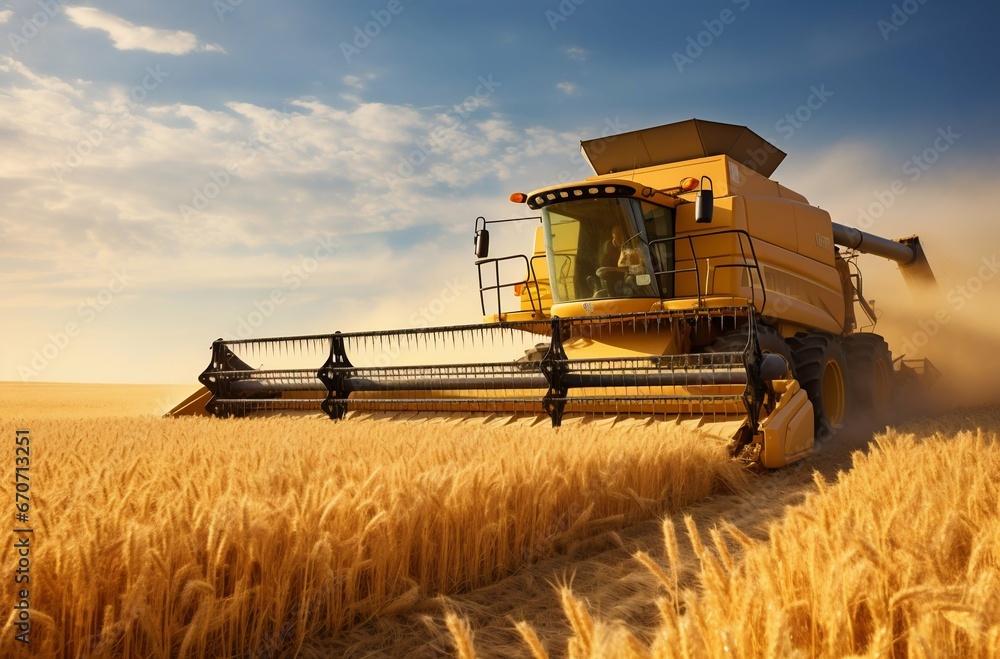 Obraz premium Golden Harvest: Combine at Work in Wheat Field. Generative ai