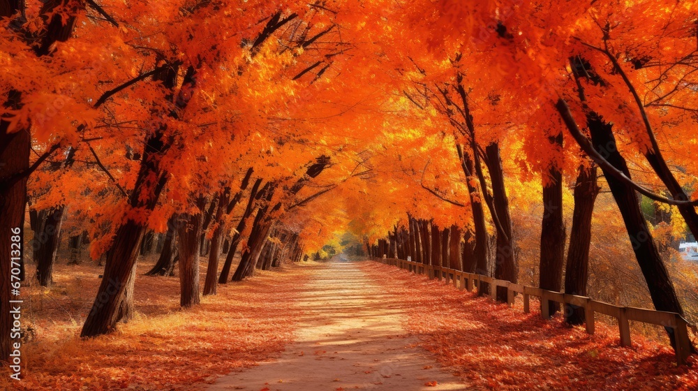  a pathway lined with trees with orange leaves on the trees and a fence in the middle of the path, with a car parked on the other side of the road.  generative ai