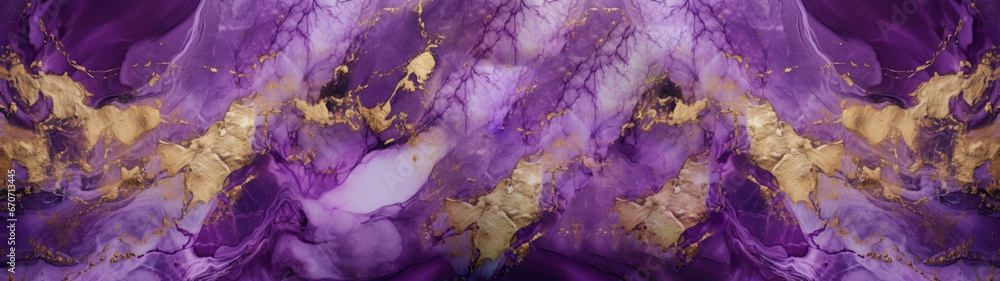 Marbled background banner panorama, purple, golden, abstract, luxurious, elegant, marble stone texture