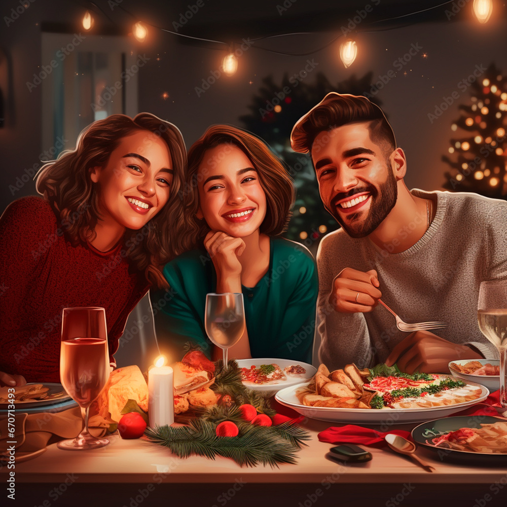 Christmas celebration, with food and snacks. Happy family dining at home for New Year's Eve