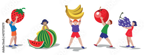 Children, kids taking fruits, vitamins, Healthy eating, food, education, diet, good food, food, nutritious, Sweet vector Illustration, clip art, cartoon.