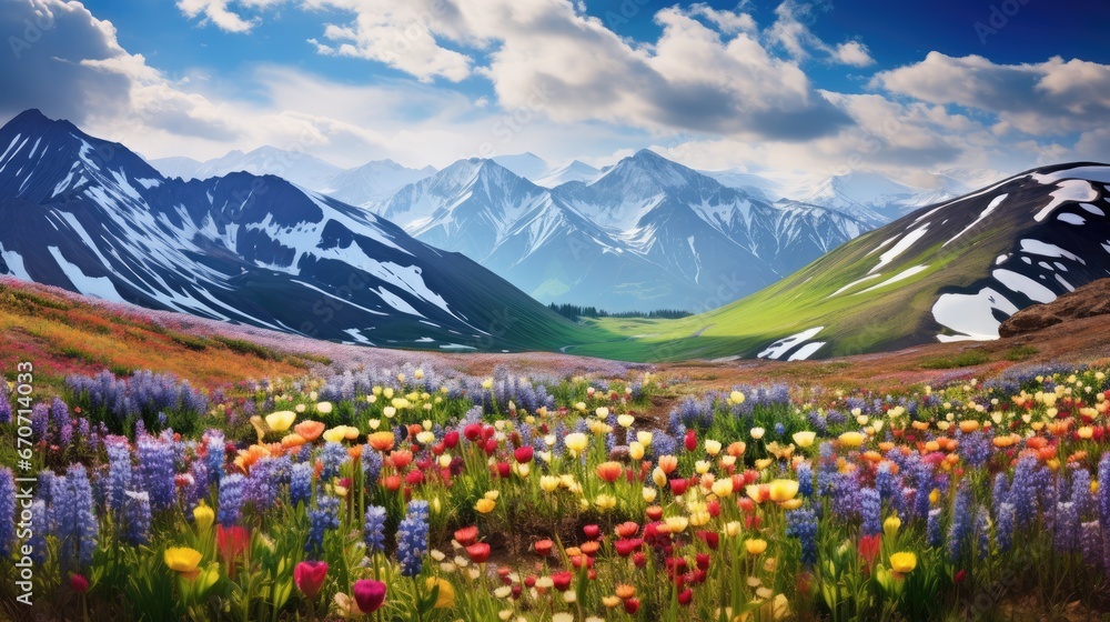  a painting of a field of wildflowers in front of a mountain range with snow - capped mountains in the background.  generative ai