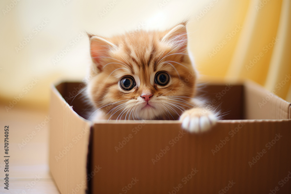 Adorable red cat hiding in cardboard box